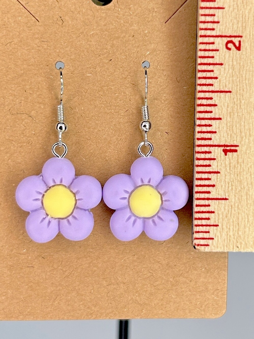 Lavender Flower Dangle Earrings with Yellow Center Fashion Jewelry - Picture 2 of 3